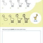 Anleitung zum Zeichnen einer Giraffe in vier Schritten, mit Bereich zum Selbermalen.