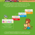 Ein Bagger mit großen Augen gräbt. Text oben beschreibt eine Baustelle. Unten sitzen eine Maus und ein Löwe mit Büchern.