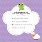 Text in Wolke: "Auf der Wiese wachsen viele schöne Blumen. Hier grasen Lämmer und ein Fohlen." Oben Frosch, unten Schaf.