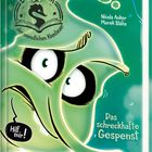 „Die Bibliothek der unendlichen Abenteuer“, „Das schreckhafte Gespenst“, „Hilf mir!“. Illustration eines grünen Gespensts.