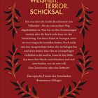 "Weisheit. Terror. Schicksal." Rote Hintergrundfarbe mit goldenen und schwarzen Blättern dekoriert.
