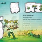 Texte: „Das bin ich!“, „Mein Name:“, „Mein Minecraft-Name:“. Illustration von Minecraft-Charakteren auf grünem Hintergrund.