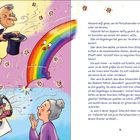 Text beschreibt magische Perlenschweinchen, Zauberer, Regenbogen und funkelnde Ereignisse. Illustration mit Zauberer und Regenbogen.