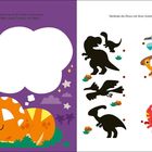 Links: "Wovon träumt der kleine Triceratops?" Ein Triceratops schläft unter einer Wolke. Rechts: "Verbinde die Dinos mit ihren Schatten." Dinosaurier und Schatten.