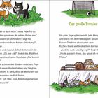 Links Text über Katzen, die Kinder ablenken. Rechts "Das große Turnier". Katzen sitzen unter einem Tisch mit Kuchen.
