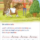 „Die schöne Leila.“ Ein Mädchen ruft ein Pony namens Loki. Es steht auf einer Wiese neben Bäumen und einem Haus.