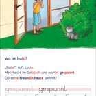 „Wo ist Nala?“, „Nala!“, ruft Lotte. Ein Mädchen steht in der Tür, schaut überrascht. Eine Katze sitzt gespannt im Gebüsch.