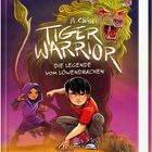 „M. Chan Tiger Warrior: Die Legende vom Löwendrachen“. Illustration: zwei Kinder, großes furchterregendes Wesen.