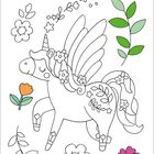 Ein geflügeltes Einhorn mit Blumen und Blättern, teils in Grün und Orange gefärbt. Verspielt und dekorativ.