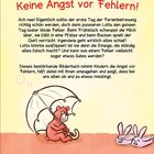 Titel: "Keine Angst vor Fehlern!" Text beschreibt einen chaotischen Tag und ermutigt Kinder, mit Fehlern umzugehen. Illustration: Bär mit Schirm.