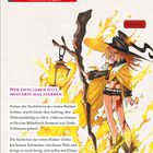 Text beschreibt Ginkos Abenteuer. Mädchen mit Hexenhut, Zauberumhang und Laterne steht in gelben Flammen.