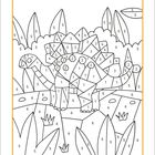 Malbuch-Seite mit Zahlen zur Farbkodierung: Ein Dinosaurier in grünem Dschungel. Farbschlüssel unten: 1-6.