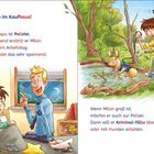 Ein Dieb im Kaufhaus! Milans Papa ist Polizist. Kind im Bett, Papa erzählt; Szene draußen mit Junge und Hund im Wald.