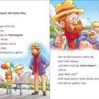 Eine Illustration zeigt Onkel Max im Freizeitpark mit Kindern. Er trägt einen roten Schal, gelben Hut und lächelt.