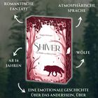"Shiver: Die Wölfe von Mercy Falls" steht in der Mitte, umgeben von Begriffen: romantische Fantasy, atmosphärische Sprache.
