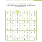 Zum Aufwärmen sind hier Ziffern. Beginne mit der 4 und setze sie ins bunte Kästchen. Ein Sudoku-Gitter darunter.