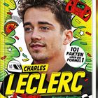 "RACING LEGENDS", "CHARLES LECLERC", "101 FAKTEN ÜBER DIE FORMEL 1". Porträt von Charles Leclerc, Auto und Rennsymbole.