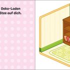 "In diesem schöne Deko-Laden warten viele Schätze auf dich." Illustration eines Regals in einem dekorativen Raum.