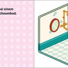 Text auf rosa gepunktetem Hintergrund: "Entspanne dich bei einem verwöhnenden Schaumbad." Illustration eines Badezimmers.