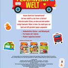 „Willkommen in der Feuerwehrwelt“ in großen gelben Buchstaben, daneben ein rotes Feuerwehrauto. Enthält Bilder von Kinderbüchern.