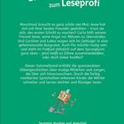 "Silbe für Silbe zum Leseprofi" steht oben. Darunter ein grüner Hintergrund mit Text über mutige Kinder. Unten ein Cartoon-Lesezeichen.