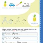 Textübung für Silbentrennung und Schreiben mit Bildern von Ananas, Auto, Arm und Achterbahn. Buchstabe A Praxis.