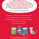 **Text:** Den BUCHSTABEN immer wieder auf der SPUR. Mithilfe vorgeprägter Linien und magischer Tinte wird das Schreibenlernen...

**Beschreibung:** Roter Hintergrund, erklärender Text in einer weißen Wolke, Buchcover unten, Illustration einer Katze rechts.