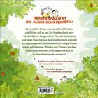 "Hereinspaziert ins kleine Insektenhotel!" Text beschreibt Marienkäfer Momo und Oma Lili, von Bäumen und Insekten umgeben.