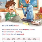 Text über einem Jungen, der im Bett sitzt, und seinem Vater, einem Polizisten, der eine Geschichte erzählt.