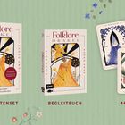 "Folklore Orakel" Kartenset mit 44 Karten und Begleitbuch. Illustrationen zeigen magische Szenen und Figuren.