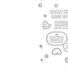 „HALLO UND SCHÖN, DASS DU DA BIST!” Gefolgt von Tipps zum Ausmalen und einer Einladung, Kunstwerke zu teilen. Süße Illustrationen.