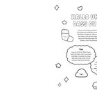 "HALLO UND SCHÖN, DASS DU DA BIST! Komme mit auf eine entspannende Ausmalreise... und dekorieren!" 

Illustration mit Sternen, Herz, Wolke, Tasse.