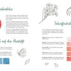 "Farbenlehre", "Schraffurtechniken", "Der Druck auf den Buntstift". Farbkreis, Zeichnungen von Blumen, Schraffurmuster, Schmetterling.