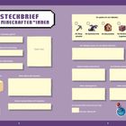 STECKBRIEF FÜR MINECRAFTER*INNEN, mit Kategorien zu persönlichen Minecraft-Daten. Farbige Symbole illustrieren Spielstile.