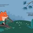 Zwei Texte: "Schau mal, wer ist denn da abends wach? Es ist der kleine Fuchs." und "Die Bäume rauschen ganz leise. Komm mit, wir gehen auf Entdeckungsreise." Illustration eines Fuchses und einer Landschaft.