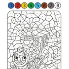 Malvorlage: Oben steht, Flächen mit Farben ausmalen: 1 dunkelblau, 2 rot, bis 8 weiß. Eine Lokomotive ist im Bild.