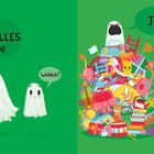 Links zwei glückliche Gespenster. Einer sagt "Ich will alles haben!", der andere "Wirklich?". Rechts ein Gespenst mit vielen Spielzeugen und sagt "Ja!". Ein weiteres Gespenst schaut skeptisch und sagt "Hmmm...".