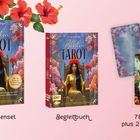 Box mit "Blüten Tarot", Kartenset, Begleitbuch, 78+2 Karten, Illustrationen, Frau im gelben Kleid, Blütenmuster.