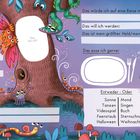 "Das bin ich!", "So heiße ich:", "Hier wohne ich:", "Das will ich werden:", bunte Monster und Bäume in einer Fantasieszene.