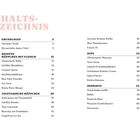 INHALTSVERZEICHNIS zeigt Rezepte: Köfte, Gin Tonic, Zucchini-Puffer, Ofentomaten-Hummus. Bilder: Fleischspieße, Mini-Burger, farbige Getränke.