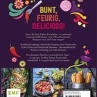 "BUNT, FEURIG, DELICIOSO!" Tacos und mehr, rund 100 mexikanische Rezepte. Fotos von Speisen, darunter Tacos und Churros.