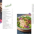 Ein Inhaltsverzeichnis mit Kategorien wie "Protein Basics", "Frühstücks-Power-Bowls" und "Leichte Bowls & Salat-Bowls". Links ein Gerichtfoto mit Gemüse und Fleisch, rechts ein Salat mit Nüssen.