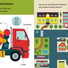 Das Bild zeigt einen Betonmischlaster und eine Stadtkarte. Der Laster hat eine rote Misch­trommel. Auf der Karte Häuser und Bäume.