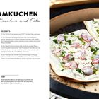 "Flammkuchen mit Radieschen und Feta", Rezept und Zutatenliste. Rechts knuspriger Flammkuchen mit Radieschen und Feta.