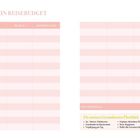 „Mein Reisebudget“, Tabelle mit Spalten: Ausgaben, Betrag, Bemerkungen. Notizen zu Gesamtkosten unten. Dezentes Design.