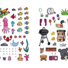 Zahlen 2 und 3. Illustration mit niedlichen Tieren, Meeresszenen, Campingutensilien und Pflanzen.