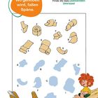 Text: "Wo gehobelt wird, fallen Späne." Illustration: Ein Hobel, verschiedene Hobelspäne, Umrisse zum Zuordnen. Pumuckl sitzt.