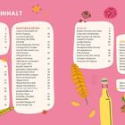 Inhaltsverzeichnis mit Kategorien: "Frühstück & Brunch", "Hauptmahlzeiten", "Snacks", "Süßes & Nachtisch". Bunte Illustrationen.