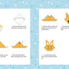 Titel: KANINCHEN. Origami-Anleitung in sieben Schritten mit Zeichnungen für ein Kaninchengesicht. Verspielter Hintergrund.