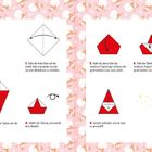 "WICHTEL" oben. Anleitung: Papier falten, um einen Wichtel zu basteln. Schritte 1 bis 8 mit Diagrammen. Hintergrund: Rentiere.
